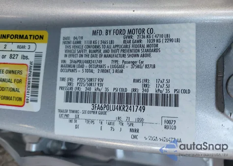 2019 Ford Fusion Hybrid Se z USA, uszkodzony, nr VIN 3FA6P0LU4KR241749